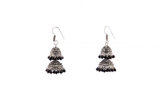 Silver Double Dome Jhumki Black Pearls