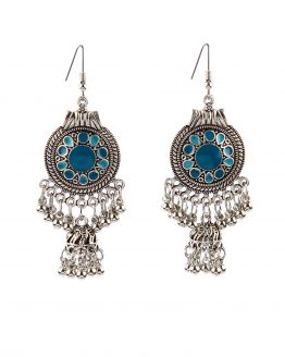 Silver  Blue  Rajasthani Circular Drop Earrings