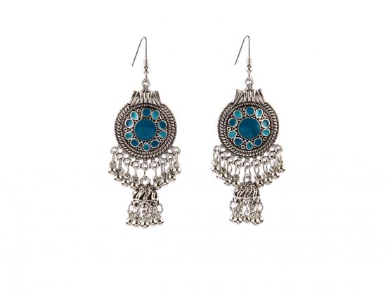 Silver  Blue  Rajasthani Circular Drop Earrings